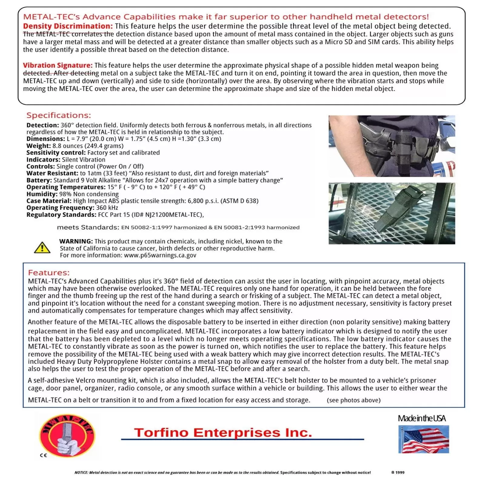 METAL-TEC HS-1500 High Sensitivity Vibrating Metal Weapons Detetector