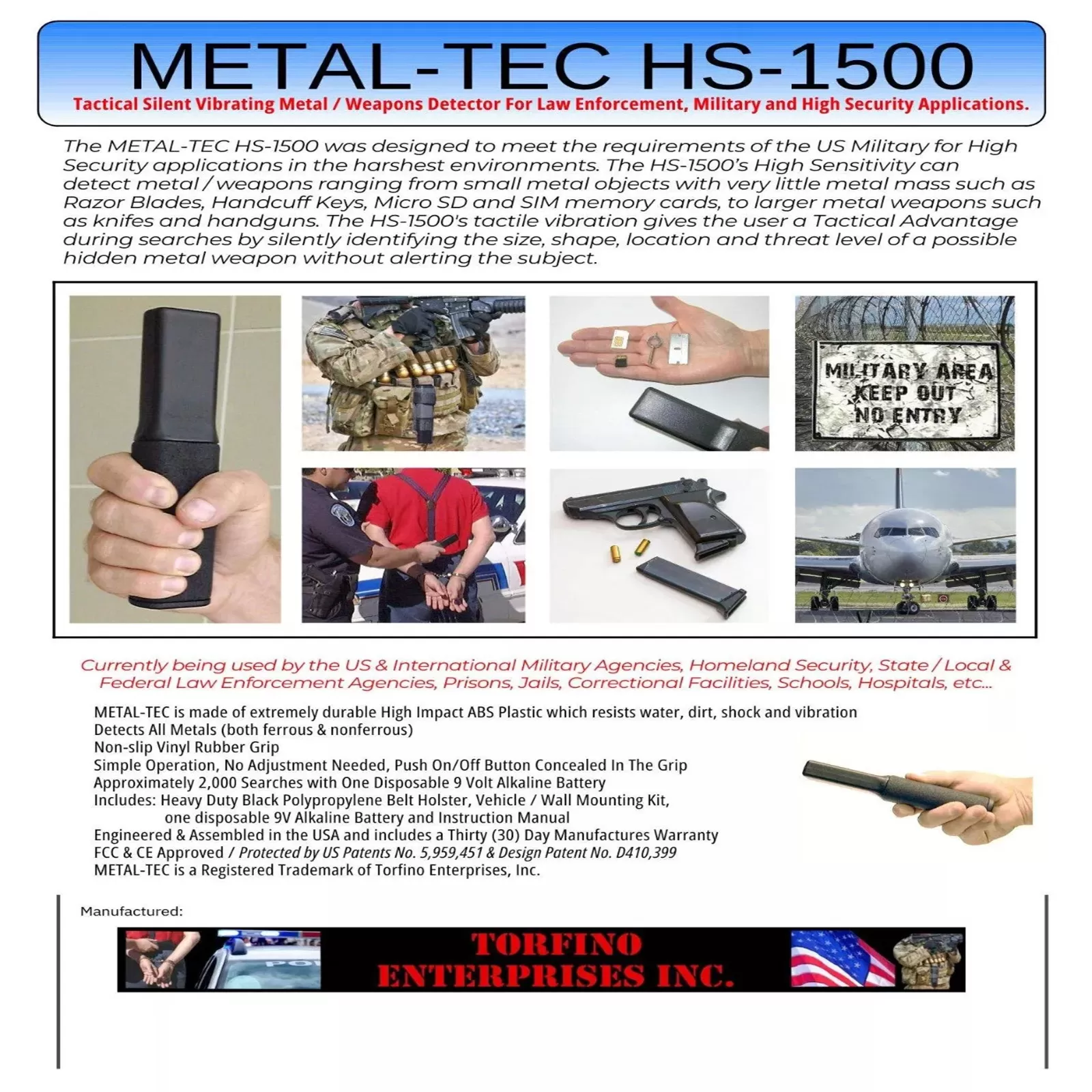 METAL-TEC HS-1500 High Sensitivity Vibrating Metal Weapons Detetector
