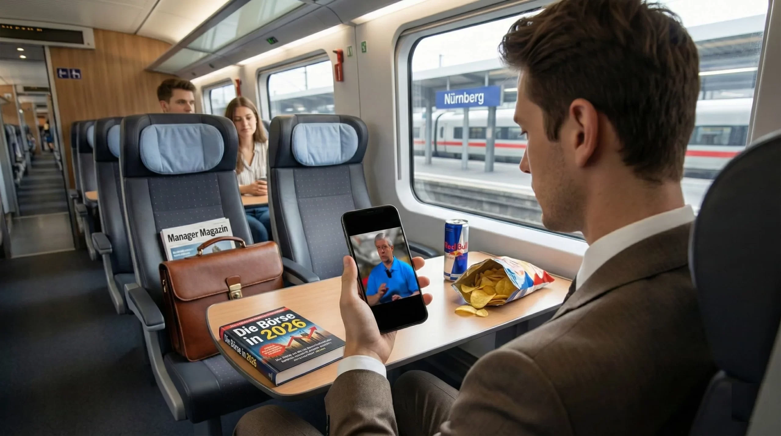 Man watches the video course on the train