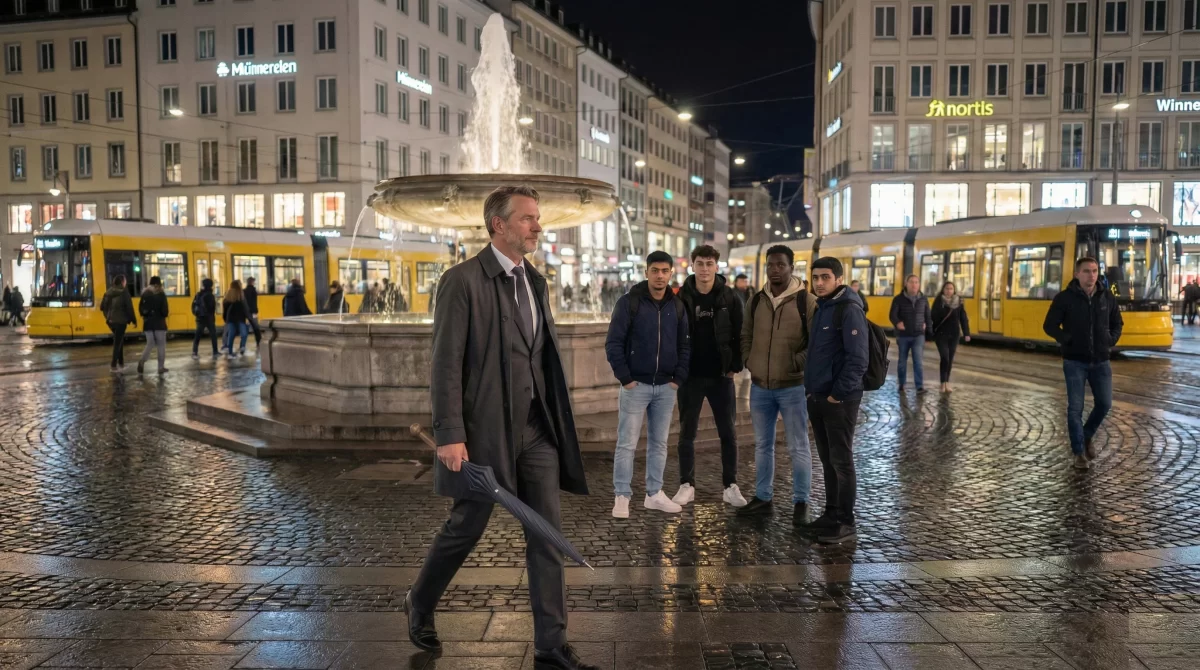 Man carrying security umbrella in city
