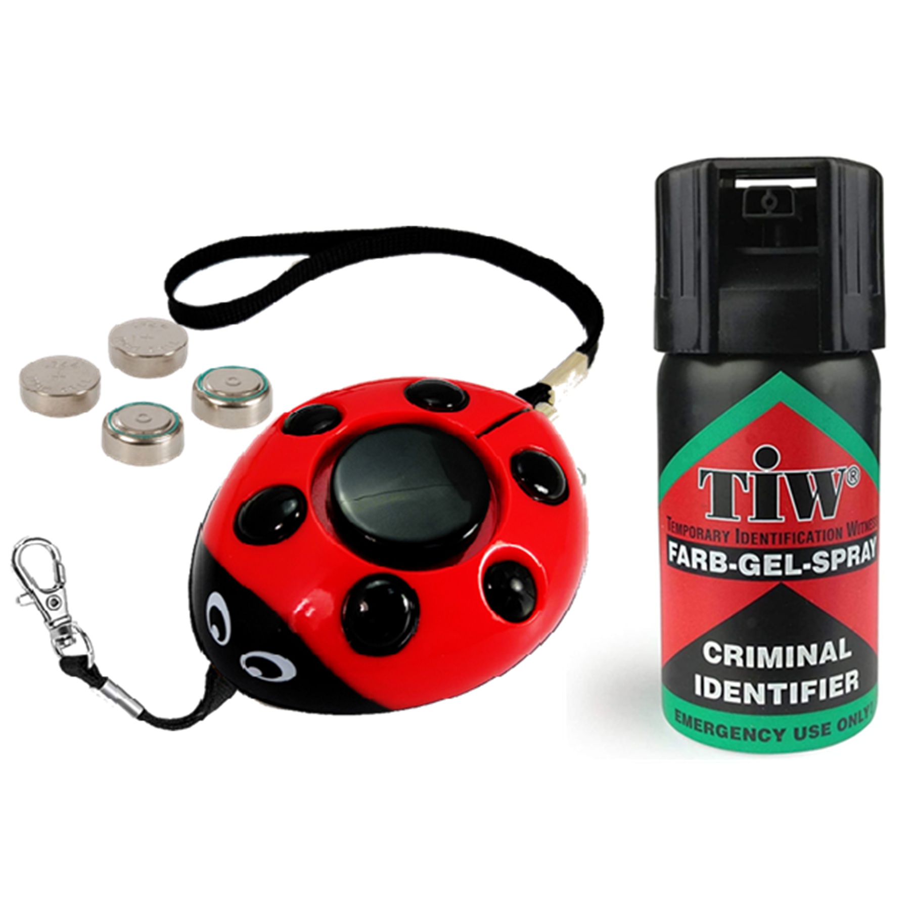 UK Legal Self Defence Bundle – Farb Gel Spray & Minder Red Ladybug Alarm